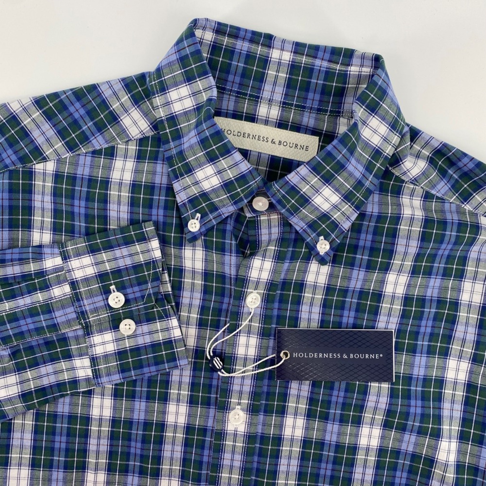 Holderness & Bourne Men's Medium Plaid Button Down Shirt Tailored Fit Green Blue